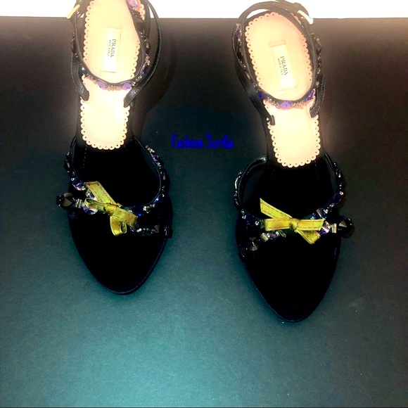 Prada Velvet Crystal Embellished Bow Heels - Picture 3 of 8